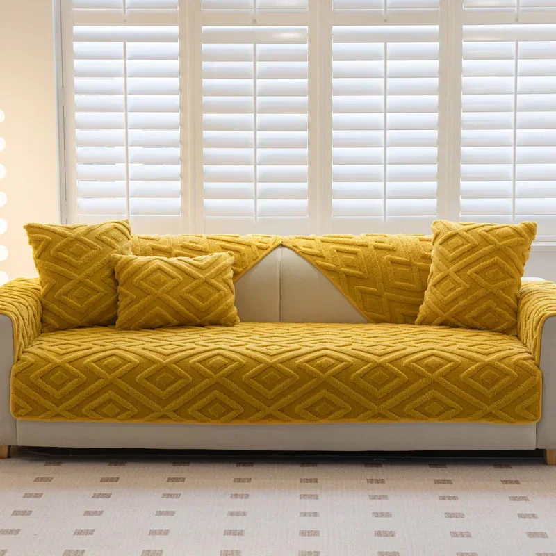 Jacquard Plush Sofa Cover Solid Color Non-Slip Couch Cushion Towel Warm Winter Thicken Sofa Covers for Living Room L-shaped sofa cover