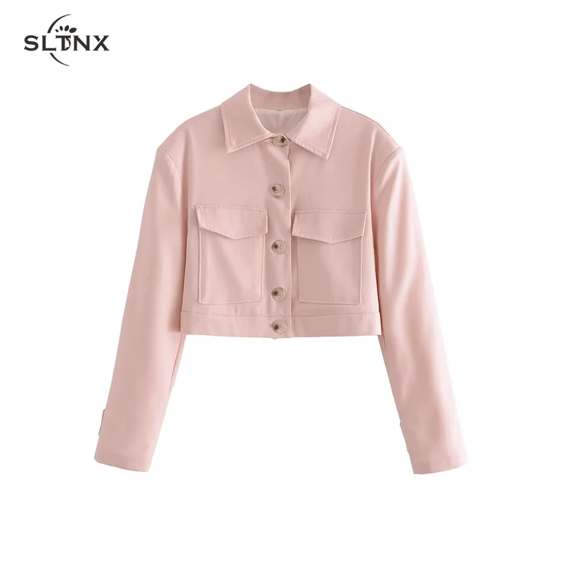 

SLTNX Fashion 2023 Women Short Blazers Suit Female Big Pocket Decoration Long Sleeve Chic Blazers Ladies Elegant Blazer Coats