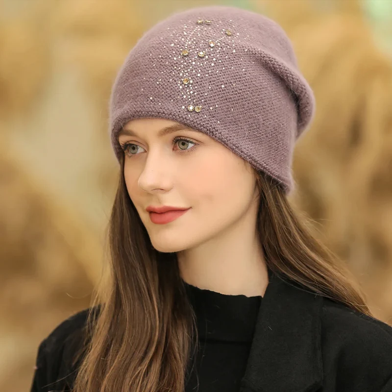 Heißer Verkauf Frauen Winter Hut Schmücken Beanie Hut Kaninchen Fell Mischung Winter Dandy Kappe Weibliche Casual Streetwear Gestrickte Hut Neue Jahr – Detail 4