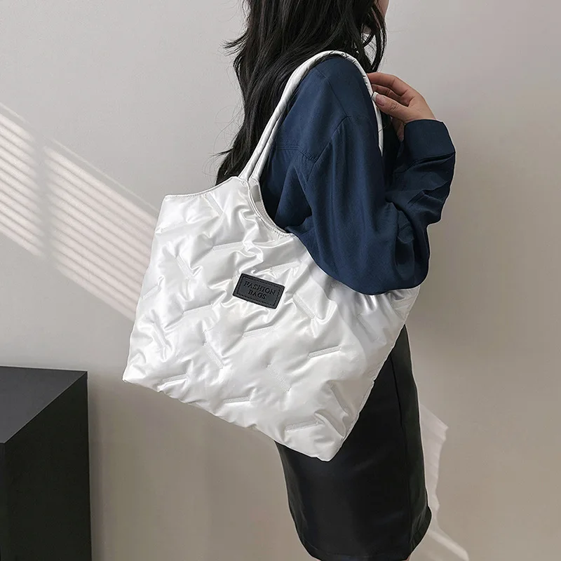 Winter Designer Puffy Shoulder Bag Women Quilted Space Cotton Down Feather Padded Large Capacity Handbag Shopping Tote Purse