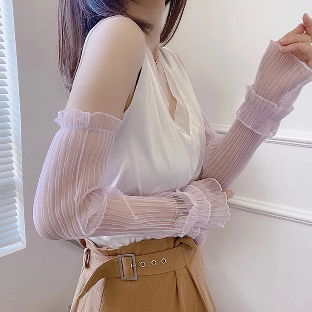 여름용 시원한 머프 자외선 차단 슬리브, 길고 얇은 레이스 커프스, 메쉬 자외선 차단 슬리브, 일광 화상 방지 슬리브, 야외 사이클링 장갑 