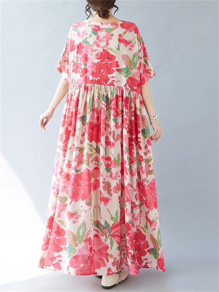 2025 New Summer Cotton Vintage Casual Loose Print Dresses For Women Holiday Boho Dress Femme Robe Vestidos Elegant Long Clothing