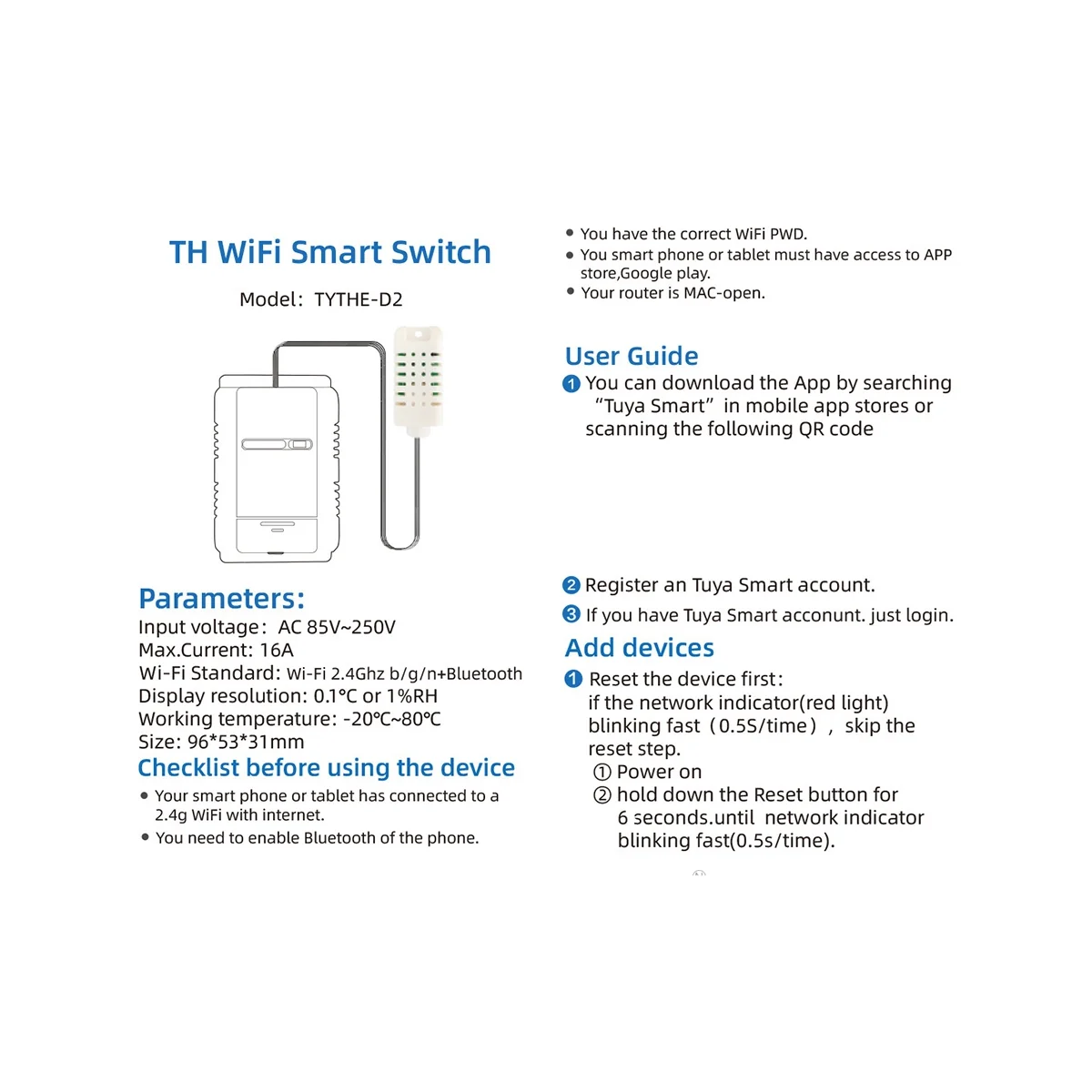 

WiFi TH-16 Switch Tuya Wireless Control with Power Consumption Monitoring Temperature and Humidity Thermostat for Alexa