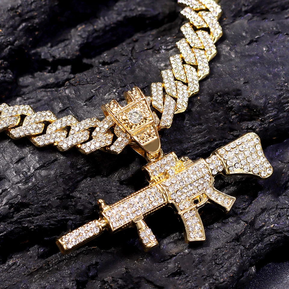 Chaîne Cubaine Glacée 18 Pouces + Ensemble Chaîne AK47 - Alliage Plaqué Or Avec Strass - Neuf Avec étiquettes