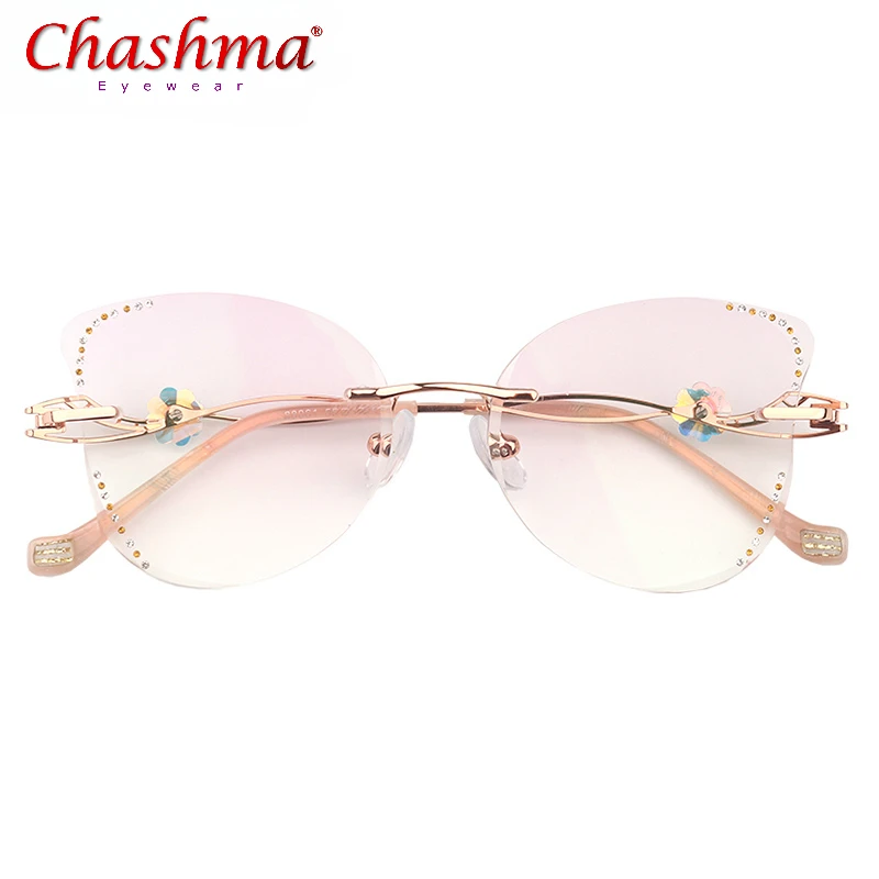 

Rhinestone Sunglasses Women Titanium Colored Butterfly Lenses Fashion Eyeglasses Diamonds Sun Protection Rimless Eyewear