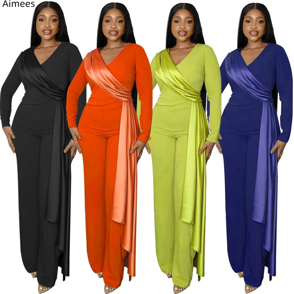 

2023 Spring Elegant Jumpsuit V Neck Full Sleeves Patchwork Ribbon Straight Pants Club Office Lady Rompers Casual Overalls
