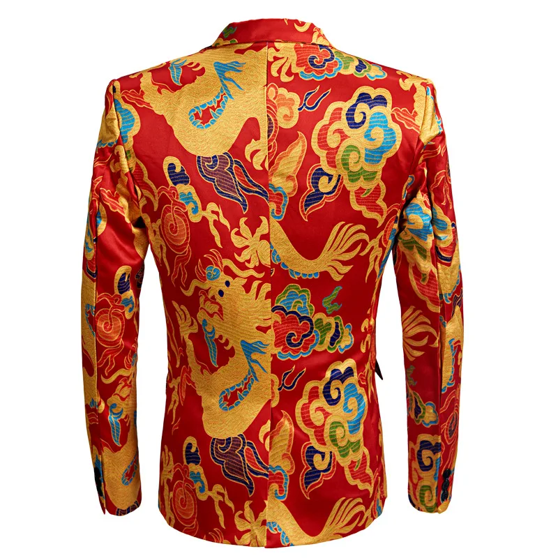 Men Fashion Casual Chinese Longteng Style Red Dragon Pattern Suit Slim Stage Party 2 Pcs Blazers Sets Jacket Pants