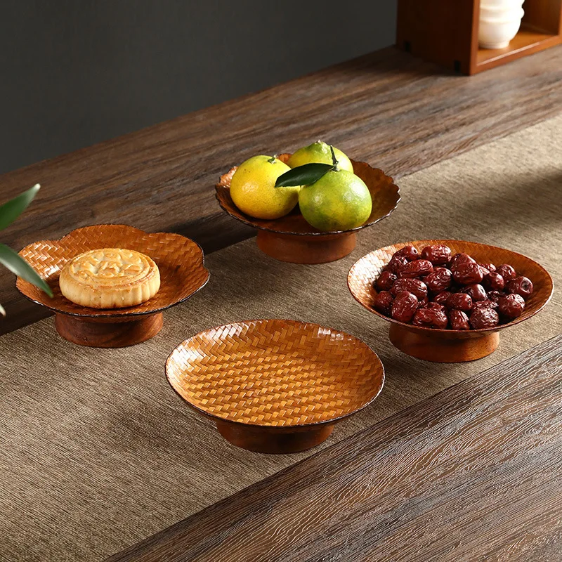 

Bamboo woven high leg Dim sum Handmade fruit Japanese household tea Dry fruit basket Snack dish Vintage tray