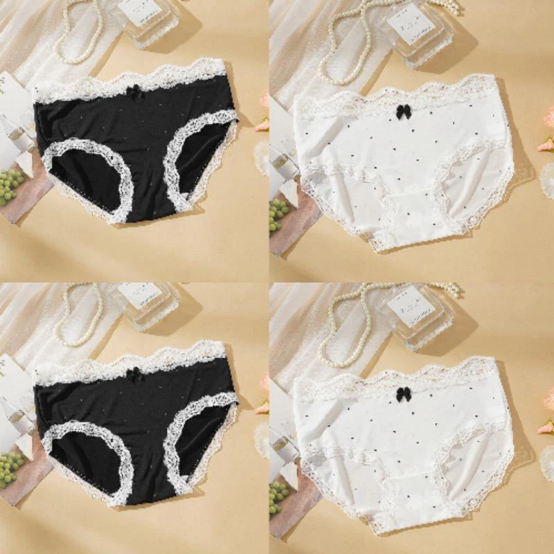 4 PCS French Lace Polka Dot Seamless Panties Women Sweet Bow Wavy Lace Edge Mid-Rise Underwear Thin Quick-dry Female Briefs