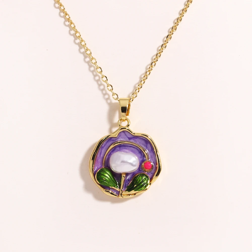 Stainless Steel Enamel Flower Heart Necklace Vintage French Pendant Women