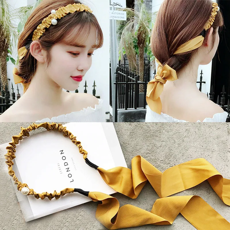 

Винтажный обруч для волос с жемчужным бантом для женщин и девочек, корейская мода, однотонные ленты, Аксессуары для волос, повязка на голову, женский головной Убор