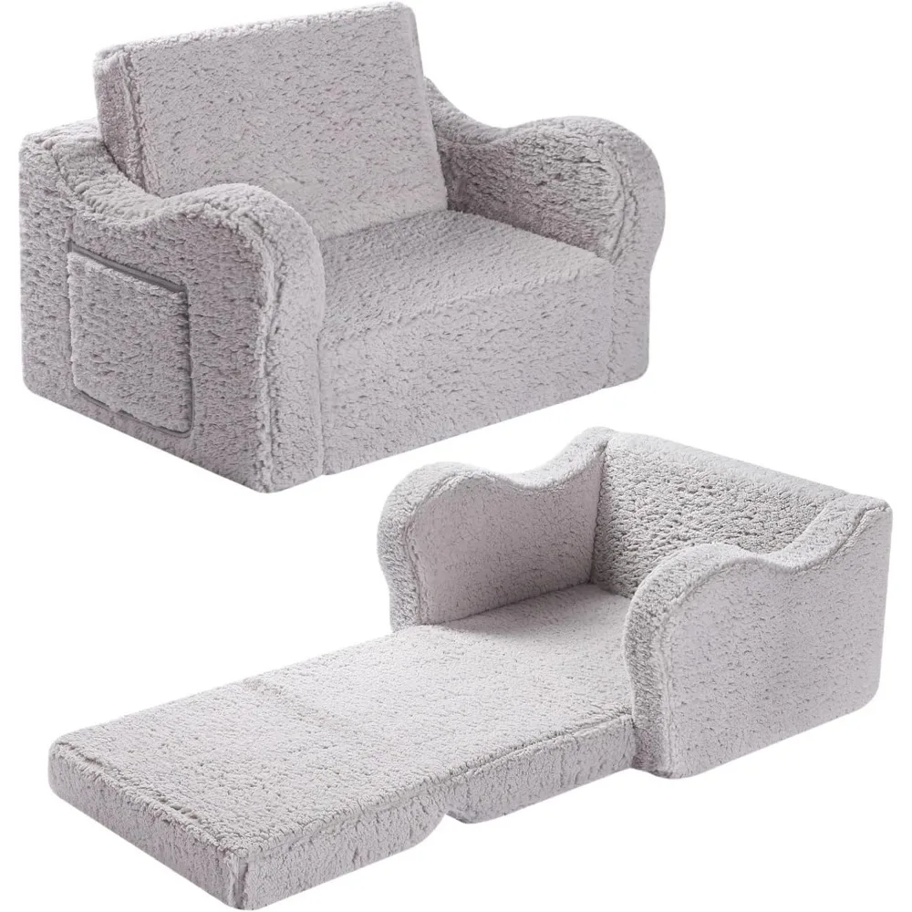 Kids Chairs for Toddler, 2-in-1 Toddler Soft Sherpa Couch Fold Out, Convertible Sofa to Lounger for Girls and Boys, Grey 3
