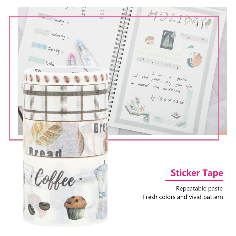 4 Rolls Novel Sticker Tape Popular Delicate Decorative Decals DIY Vivid Stickers for Diary Repeatable Paste Sticker Tape