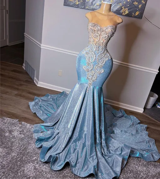 

light blue sparkly prom dresses 2023 sheer crew neckline lace pearls beading mermaid shinning evening dresses gowns black girls