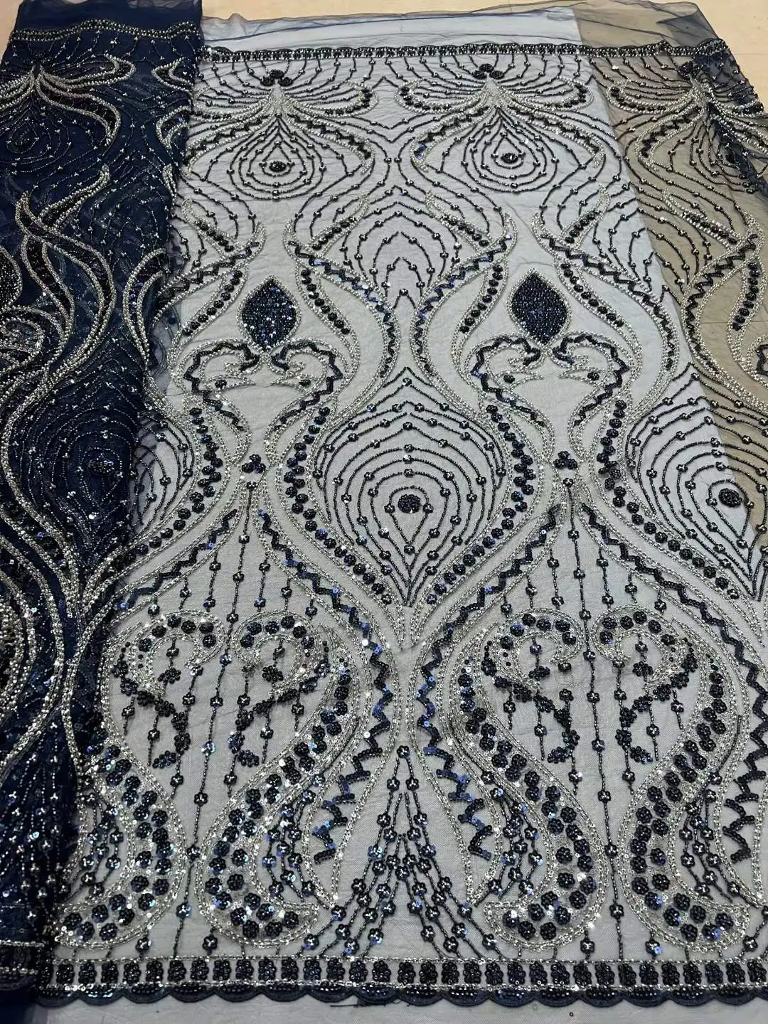 

African Handmade Sequins Lace Fabrics 2023 High Quality Beaded Tulle Fabric Embroidery Lace With Pearls For Wedding Dress CD50R