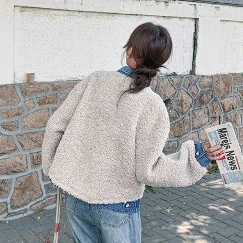 Women's Denim Stitching Coat, Lamb Wool Coat, Thick Fur, Integrated Short Outcoat, Casual Versatile Outerwear, Winter Fashion