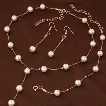 4 pçs ouro-cor colar brinco pulseira conjunto senhoras elegante imitação-pérolas coleção temperamento borla jóias 1