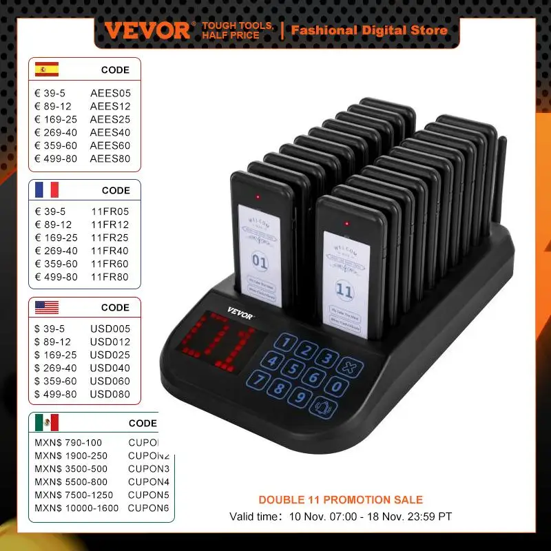 VEVOR Restaurant Pager Calling Paging System 20 Coaster Receiver Restaurants Church Nurse Clinic Queue System Wireless Pagers