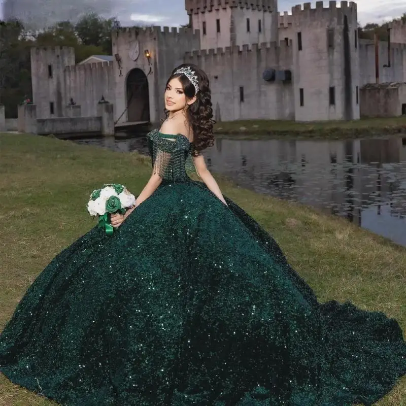 

Princess Quinceanera Dresses Glitter Skirt Applique Boning Luxury vestido de 15 quinceañeras Prom Sweet 16 Gown