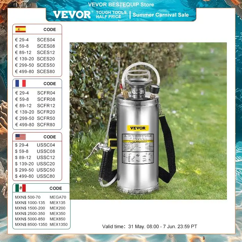 VEVOR Spruzzatore 5,4-16L in Acciaio Inossidabile, Spruzzatore Manuale a Pompa in Acciaio, con Spruzzatore per Giardinaggio, Irroratrice Manuale, Domestico e Pulizia del Terreno