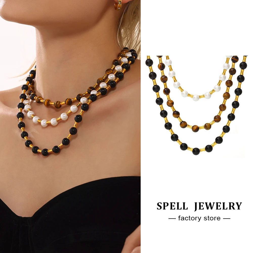 Vintage Damen-Halskette mit Natursteinperlen aus Edelstahl, 18 Karat vergoldet, OT-Schnalle, Kragenkette, kurze Halsketten für Frauen