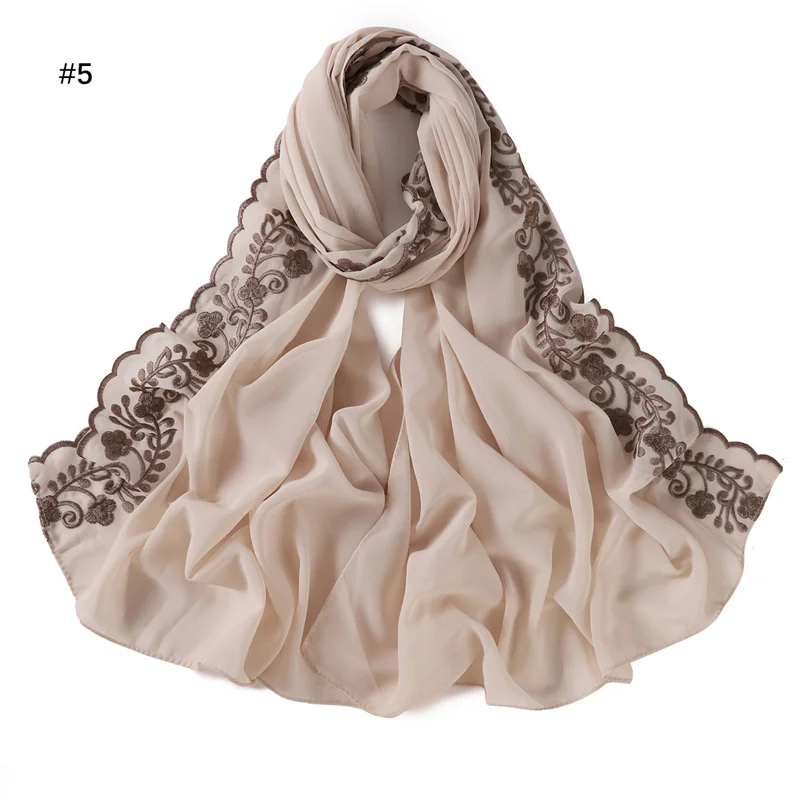 Plain Sticken Floral Blase Chiffon Hijab Ramadan Spitze Stich Schals Frauen Sonnencreme Kopftuch Outdoor Winddicht Kopf Wrap – Detail 15