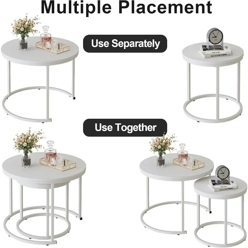 Nesting Coffee Table Round Side Table Set of 2 End Tables for Living Room Bedroom Balcony, Wooden Stacking Accent Coffee Tables 5