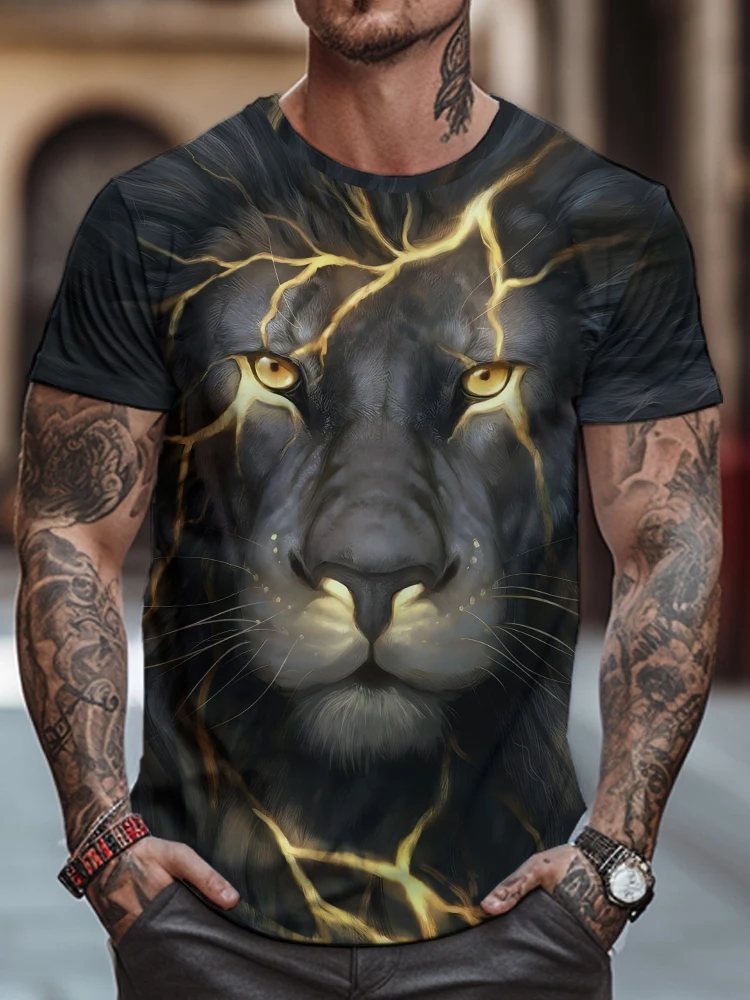 

Street Hip -hop Men's Round Neck T -shirt Lion 3D Printed Short -sleeved T -shirt Summer Outdoor Loose Sports Casual T -shirt