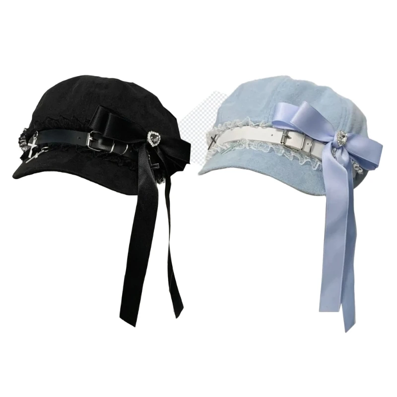 

Women Rhinestone Heart Bowknot Beret Hat Japanese Style Handmade Weaving Wide Brim Painter Hat Lolita Y2K Girls Sunproof Hat