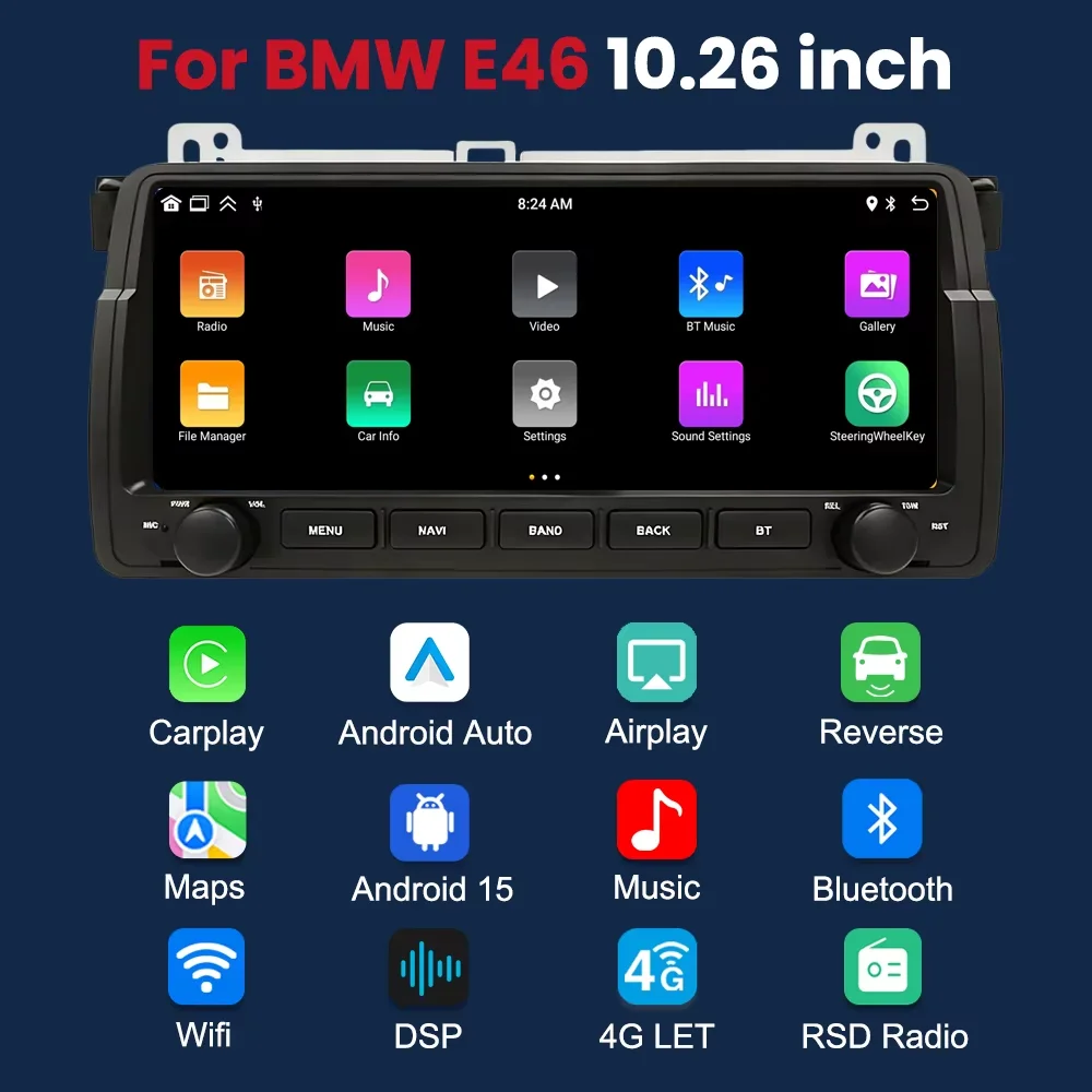 Radio para Auto con Android 15, CarPlay Inalámbrico y Android Auto, Pantalla de 10.26 Pulgadas 1600*600P, para BMW E46 M3 318 320 325 330 335 1998-2006, 4G, 8 Núcleos, BT, RDS, DSP, GPS, Navegación Estéreo Multimedia 2