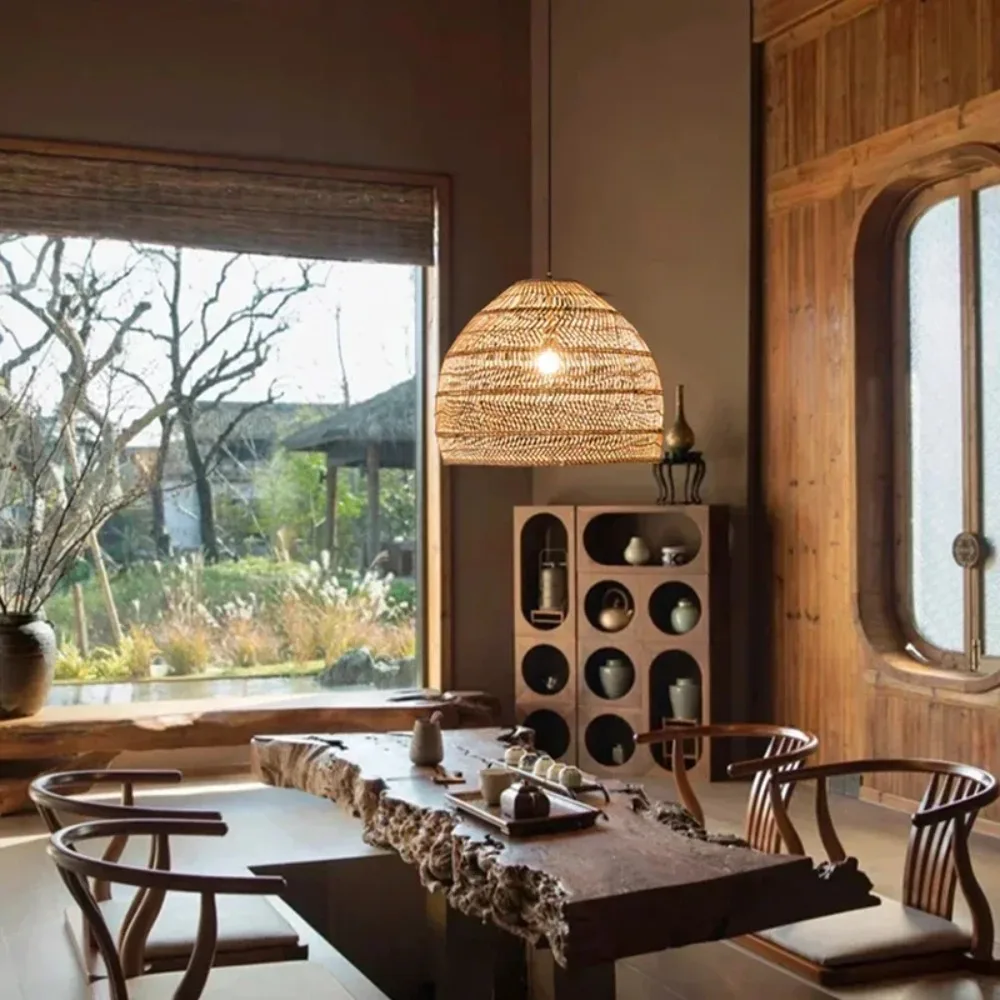 Rattan Cloche Pendant Lamps Vintage Style Handmake Rattan Light Home Decor Living Room Cafe Kitchen Island Hanging Lamps