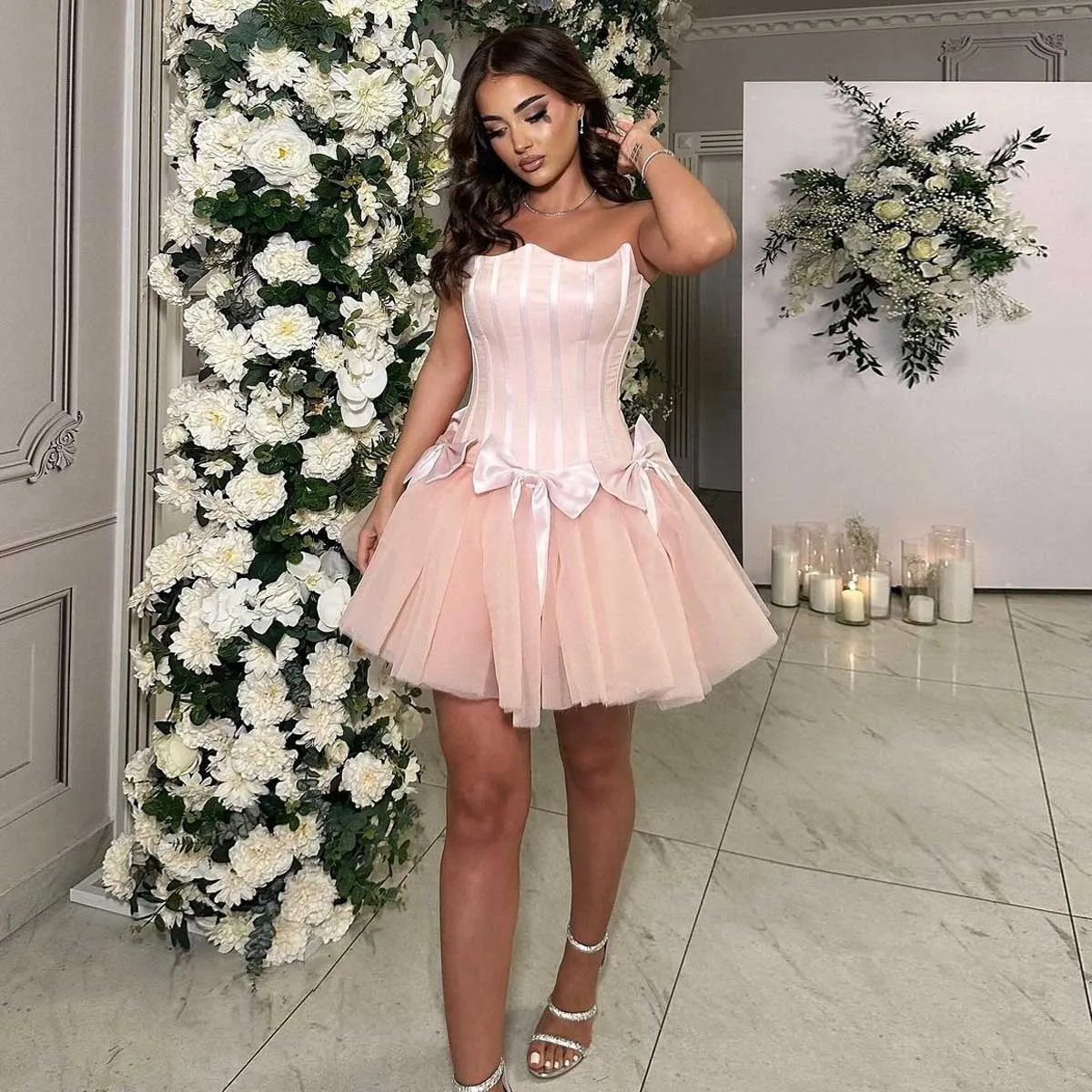 

Blush Pink Short Party Dresses with Cute Bows Silk Satin Tulle Women Birthday Dress Corset Short Homecoming Gown Formal Dress