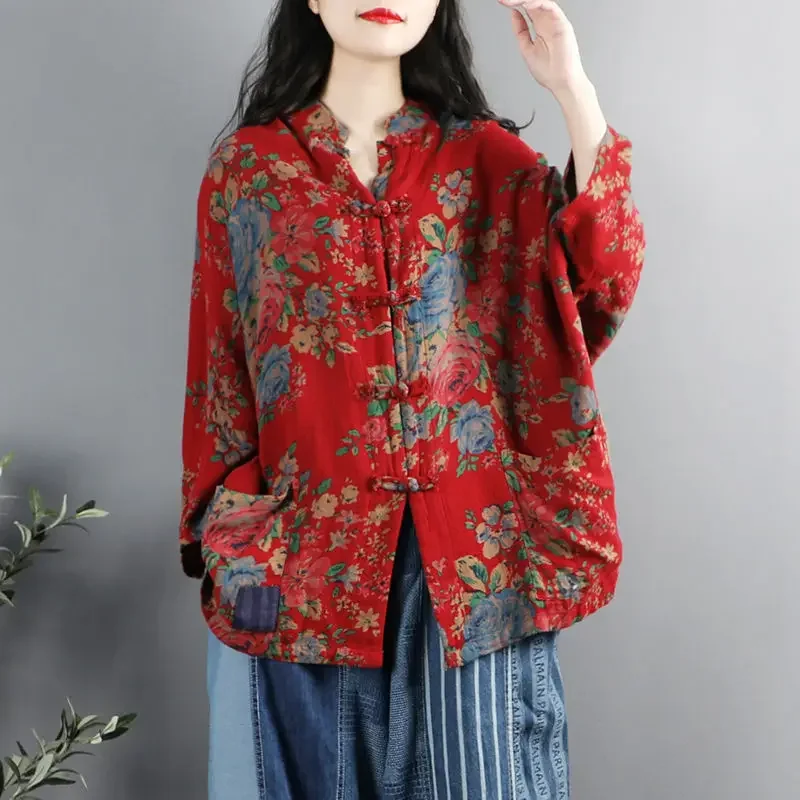 Ethnic Style Floral Printed Cotton and Linen Shirt Women Chinese Style Retro Stand Collar Three-quarter Sleeves Casual Loose Top