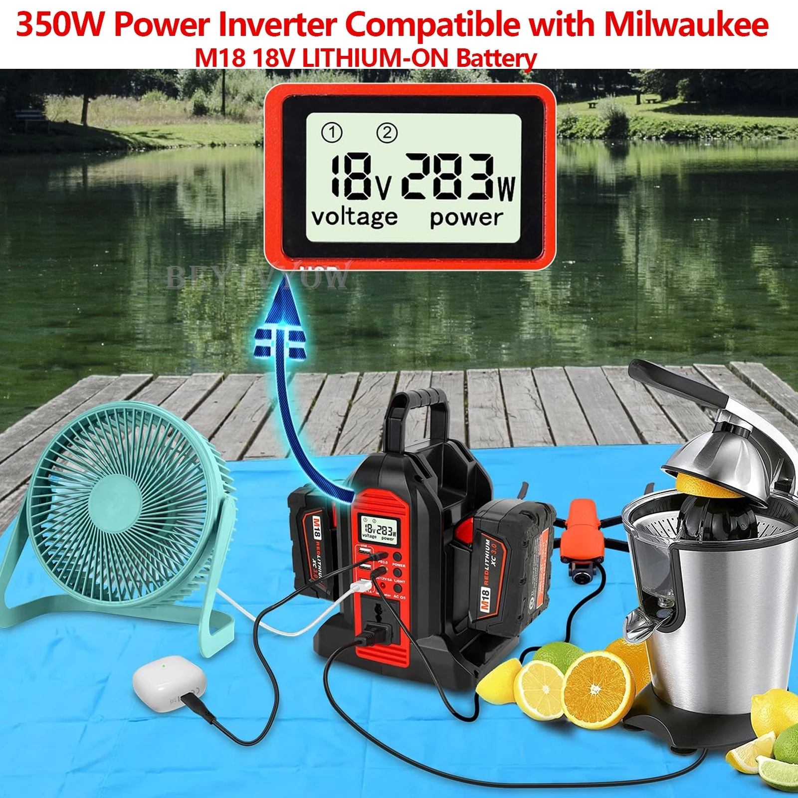 350W Pure Sine Wave Power Inverter for Milwaukee M18 18V Battery 2-Ports DC 18V
