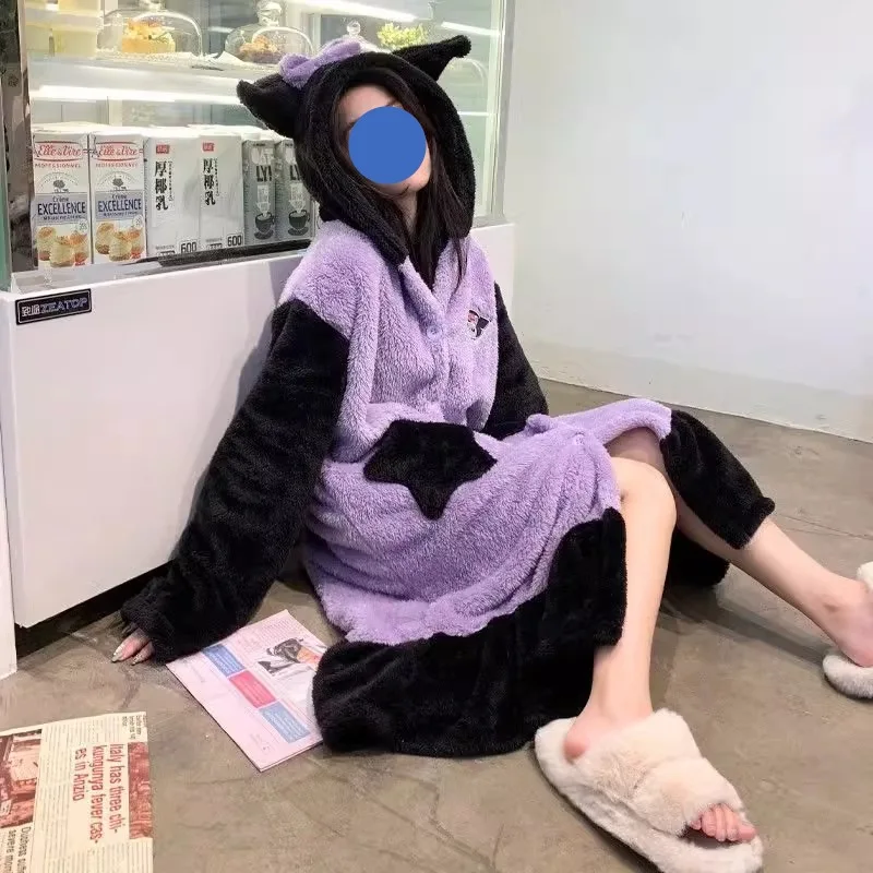 MINISO Sanrio Kuromi Robes Cosplay Costume Women Kigurumi Adult Onesie Anime Nightgown Halloween Pajamas