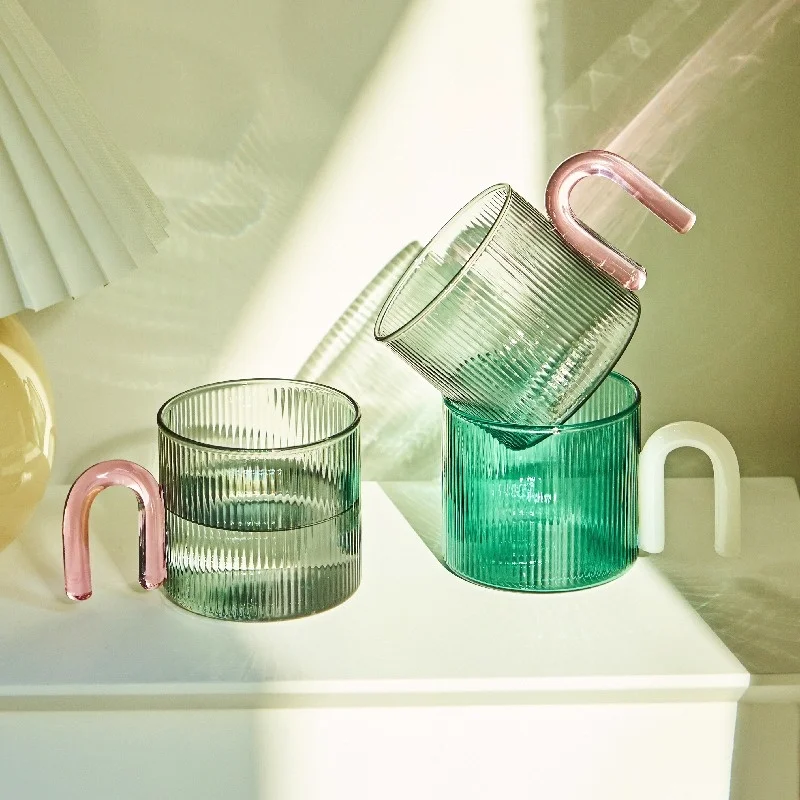Glass Water Cup Floriddle Colorful Handle Ripple Glass Mug Coffee Cups Heat Resistance Mug Milk Tea Cups Drinkware Coffee Mugs Glass