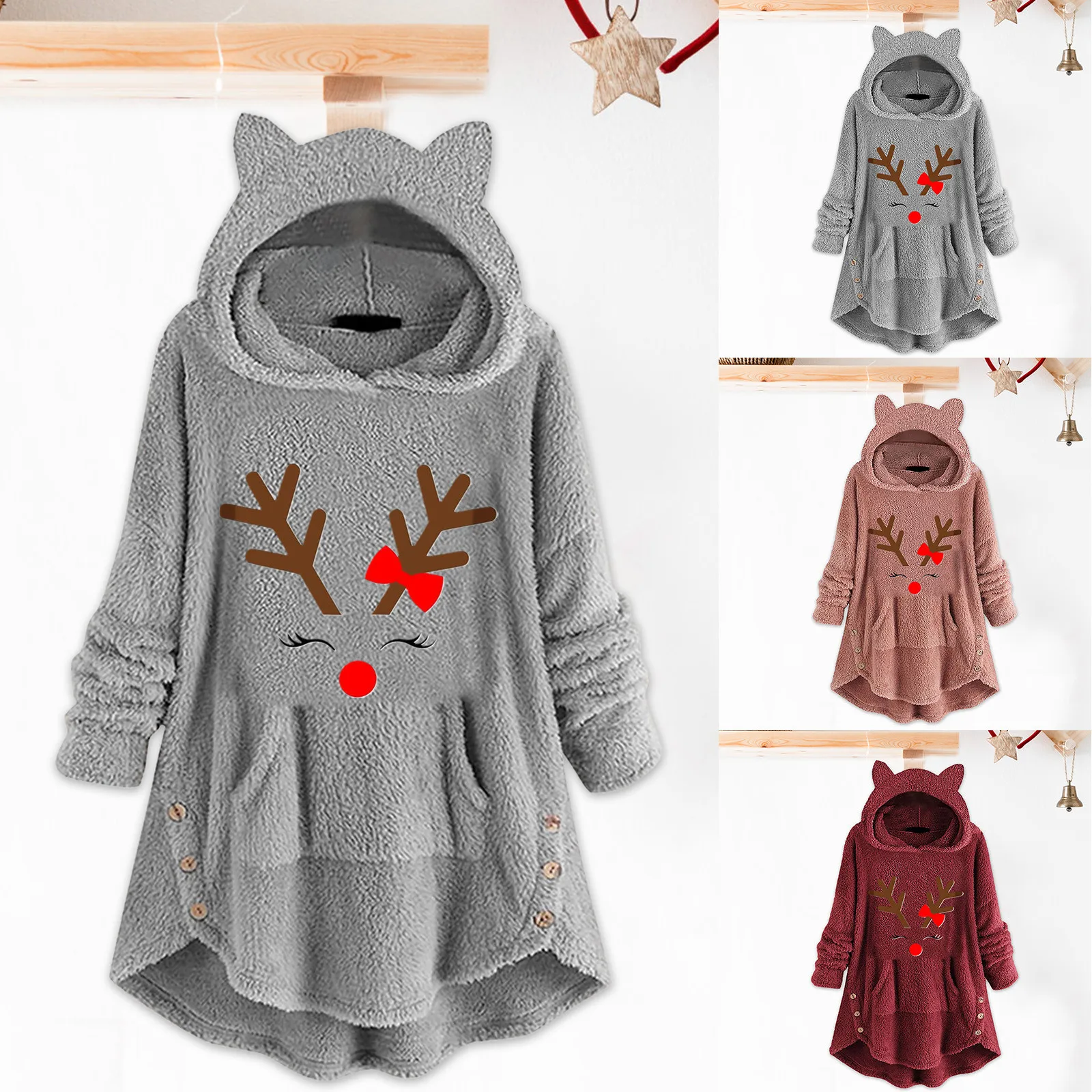 

Женские свитшоты с графическим рисунком, женские рождественские топы, блузка с капюшоном, зимний топ из искусственной кожи с длинным рукавом, толстовки для женщин с капюшоном