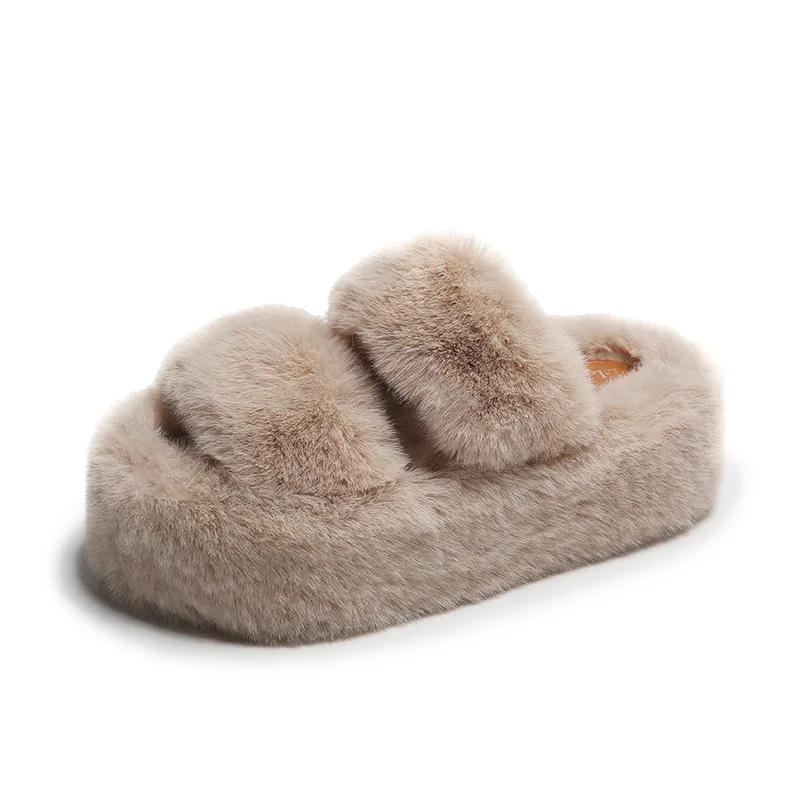 7cm Fashion Women Fluffy Slippers Winter Warm Slippers Woman Flat Platform Slippers High Quality Furry Faux Fur Slides Women 42