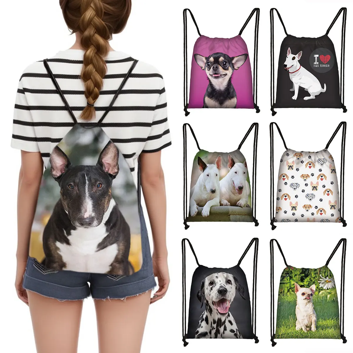 

Kawaii Chihuahua / Dalmatian / Bull Terrier Dogs Backpack Women Drawstring Bags Storage Shoes Holder Bag Travel Daypack Bookbags