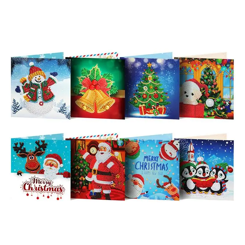 

8 Sheets Rhinestone Painting Christmas Cards DIY Handmade Craft Custom Diamond-Painting Cards Gift For Christmas Birthday