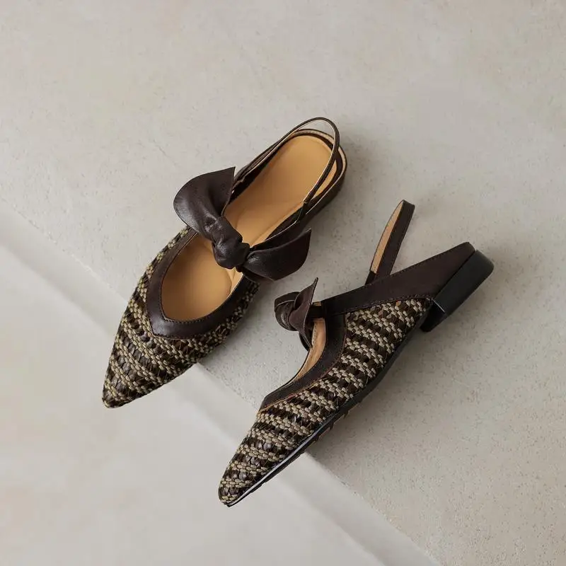Women's Size 34-40 New Genuine Leather Sandals Slingbacks Bowtie Low Heels Weaving Pointed Toe Summer Shoes