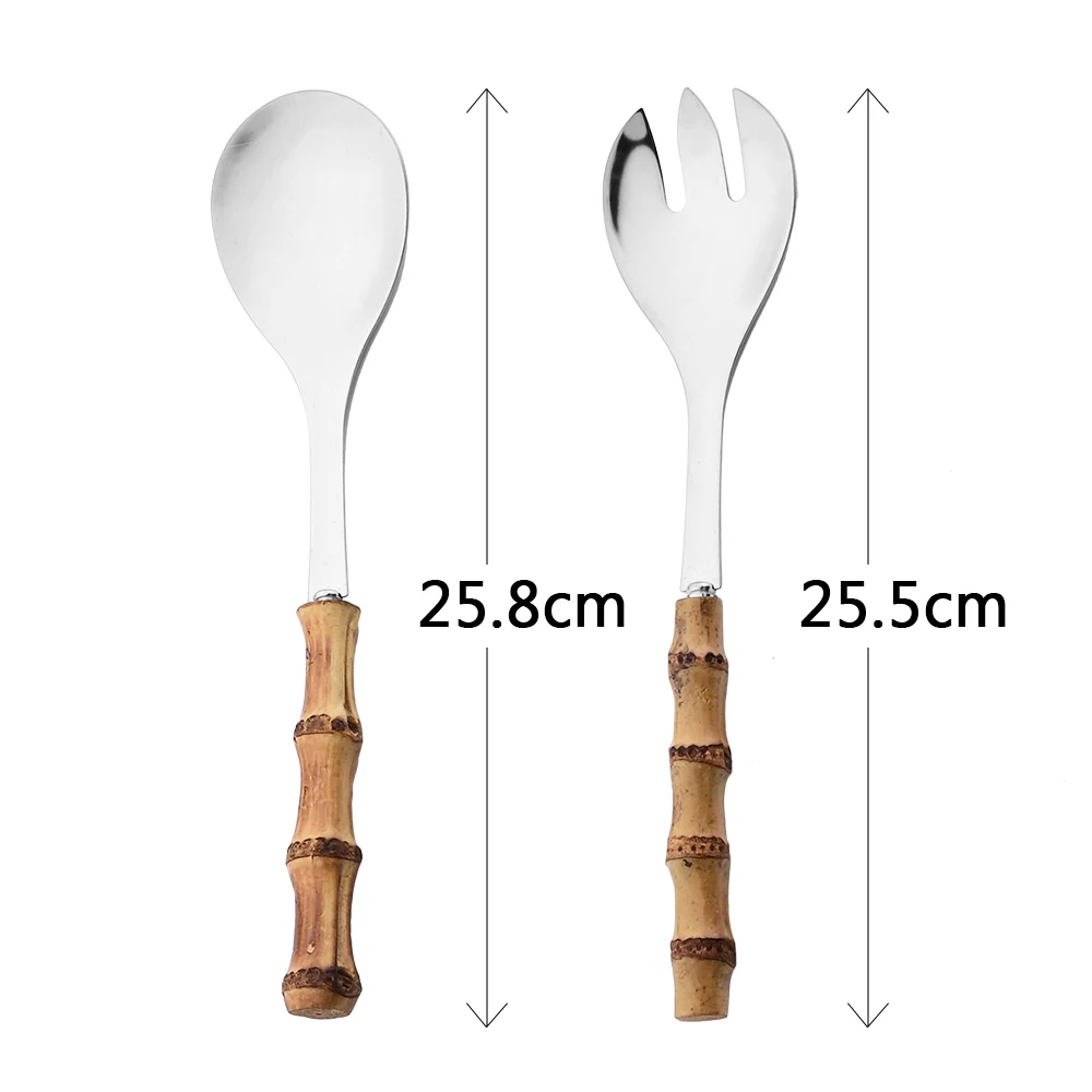 2/4Pcs Long Handle Serving Spoon Serving Spoon Dinnerware Set Bamboo Wooden Handle Salad Spoon Fork Stainless Steel Tableware Kitchen Cutlery Set