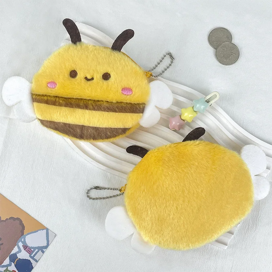 Cute Little Bee Plush Coin Purse Cartoon Children's Coin Wallet Mini Purse for Girl Headphone Lipstick Storage Bag Birthday Gift