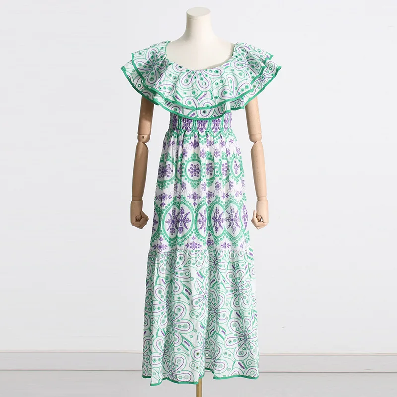 

New Summer Holiday Cotton Embroidery Midi Dress Women Slash Neck Ruffles Hollow Out Beach Long Dresses Female Prom Evening Robe