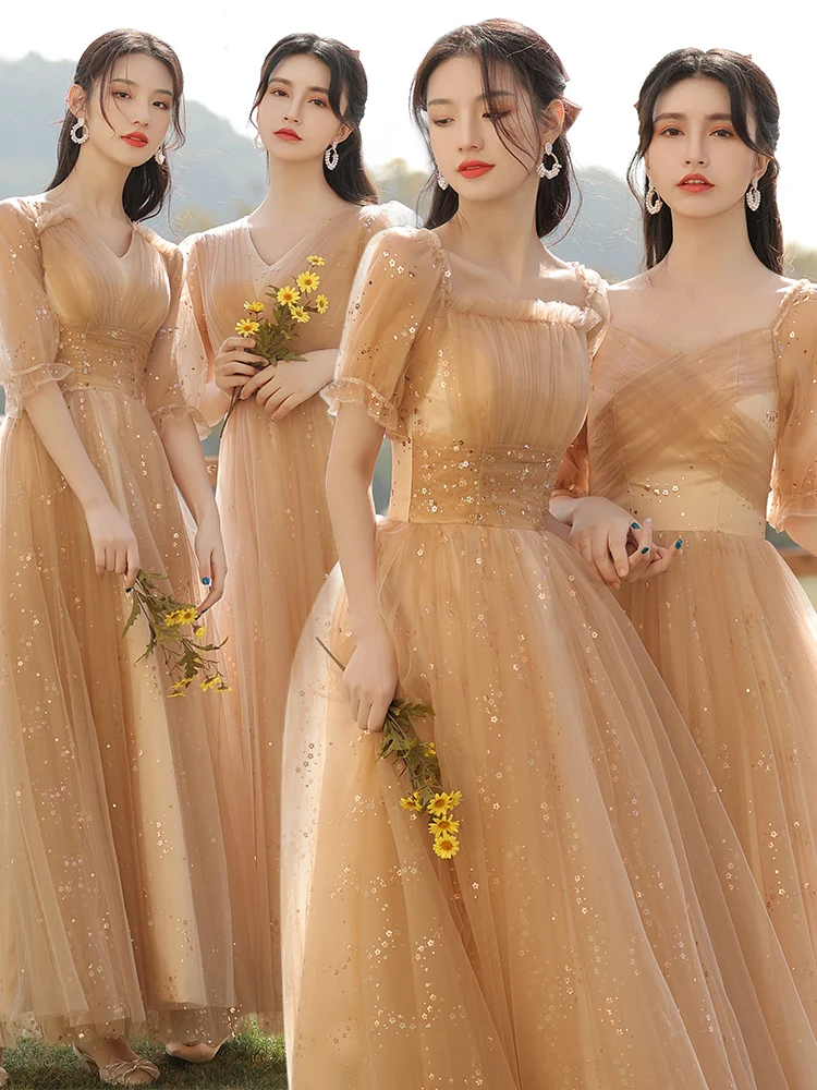 

4 Syles Simple Bridesmaid Dress Elegant Sequin Illusion Tulle Occasion Dresses For Weddings Long A-Line Sweetheart Prom Gown
