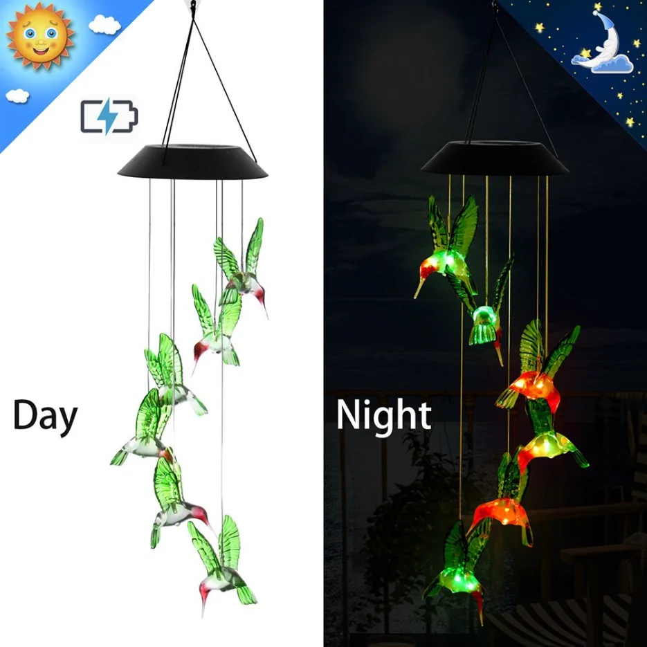 LED Color Solar Power Wind Chime Crystal Green Hummingbird Waterproof Outdoor Windchime Solar Light For Garden Yard Decoration