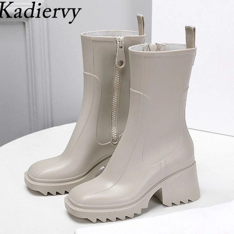 

Hot Sales Square Heels Rainboots Women Rubber Waterproof Rain Shoes Female Square Toe Chunky High Heels Runway Rain Boots Woman