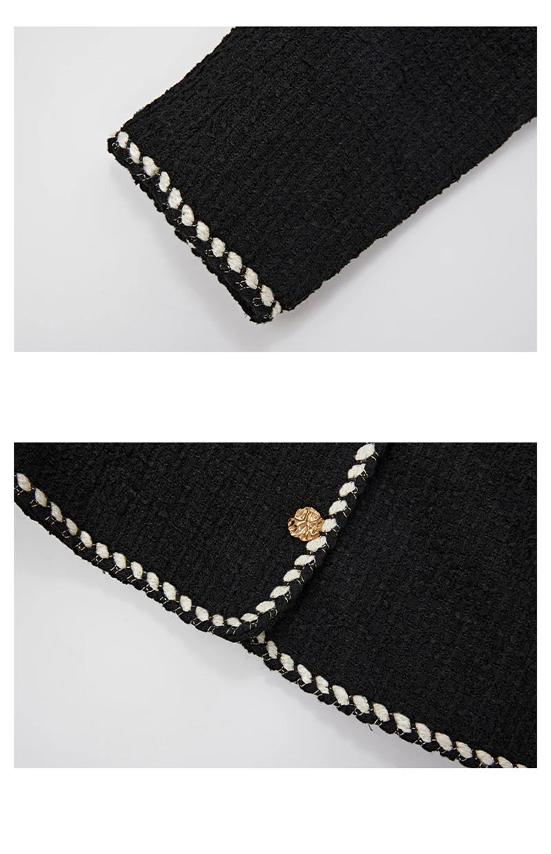 Vintage Cropped Tweed Jacket Women Black Quilted Coat Elegant Blazer Winter Ladies Single Breasted Thicken Outerwear Tops