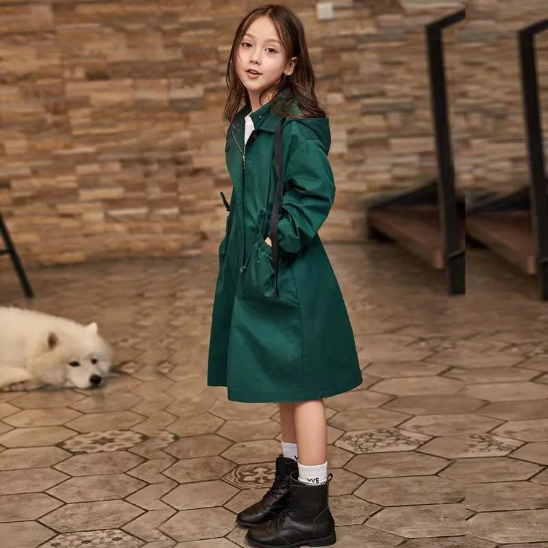 Teenage Girl Long Trench Coat For Kids Solid Hooded Fashion Windbreaker Young Children Autumn Outerwear Clothing Girls Jacket 15