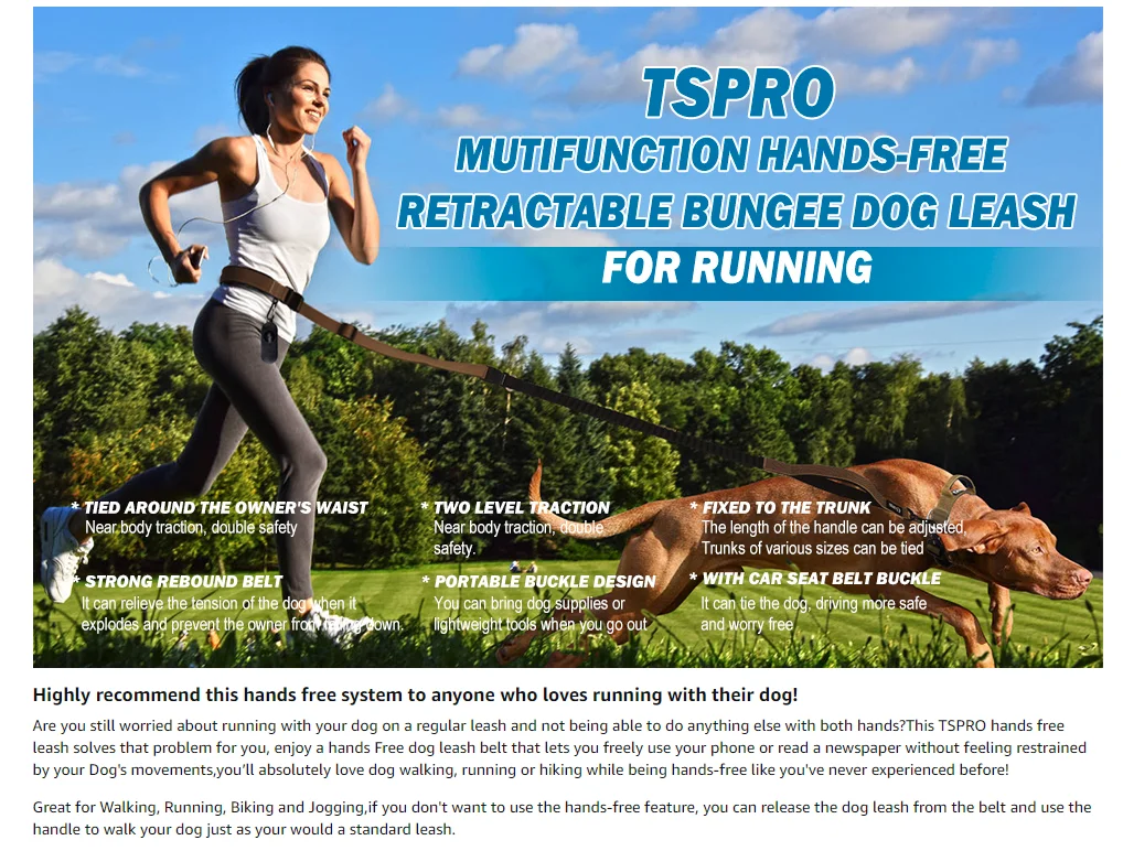 TSPRO Hands Free Dog Leash for Walking Running with Safety Car Seat Belt Shock Absorbing Bungee Leash with Padded Handle